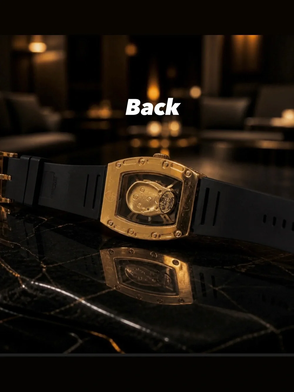 Rose Gold Skull Dial Watch with Black Rubber Strap